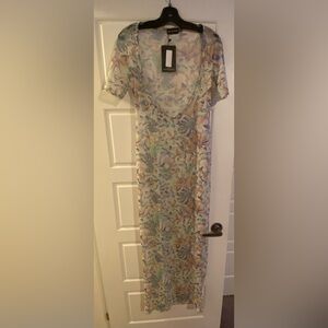 BNWT Pretty Little Things SHAPE WATERCOLOUR PRINT SHEER MESH PLUNGE MAXI DRESS